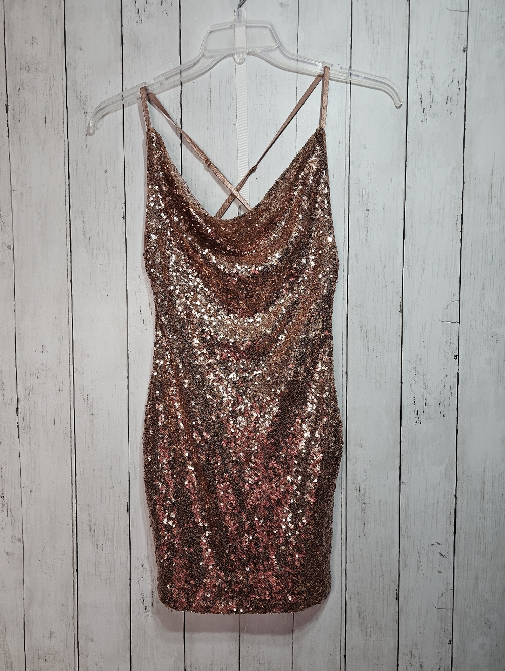 Emprada Womens Rose Gold Sequin Mini Dress Open Back Size Small Lined Adjustable